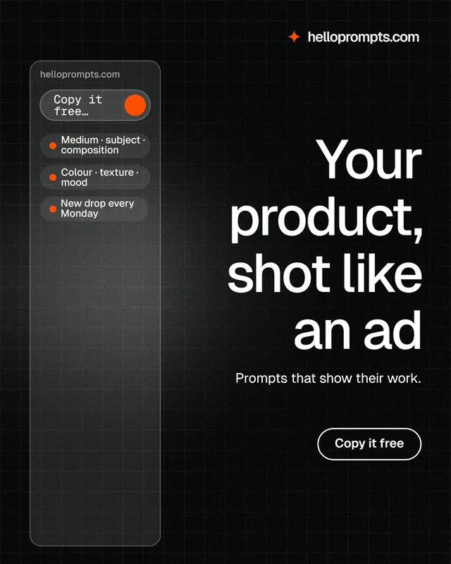 Instagram portrait post for HelloPrompts: "Your product, shot like an ad". Phosphor atlas style, right layout, dark palette in black, grey.