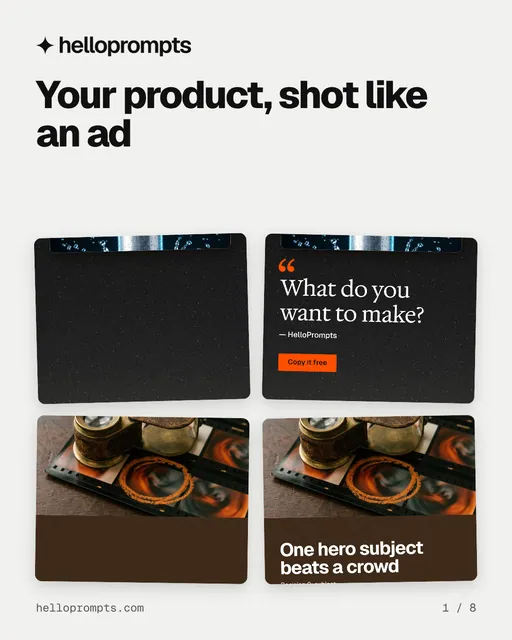 Carousel for HelloPrompts: "Your product, shot like an ad". Collection carousel, 8 slides, light palette.