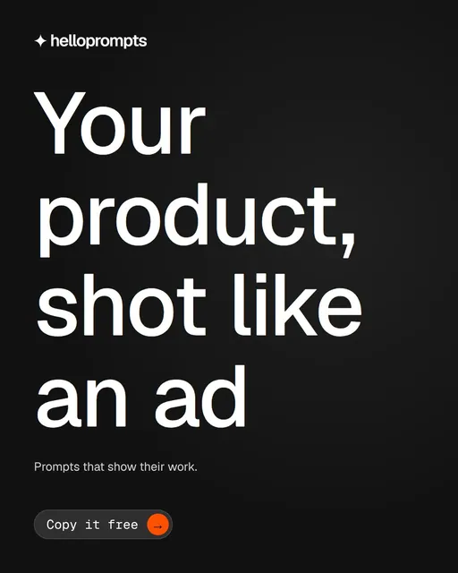 Video for HelloPrompts: "Your product, shot like an ad". Doc motion loop, 8.0 s, dark palette.