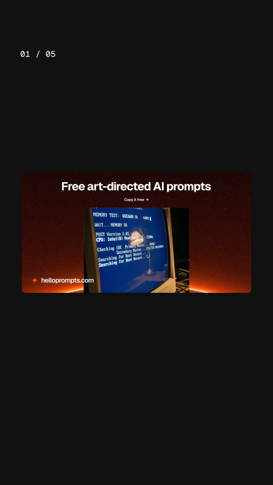 Video for HelloPrompts. Ad flipbook, 7.5 s, dark palette.