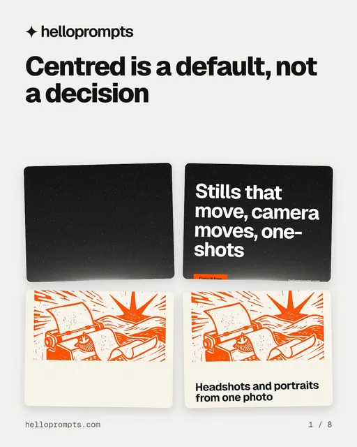 Carousel for HelloPrompts: "Centred is a default, not a decision". Collection carousel, 8 slides, light palette.