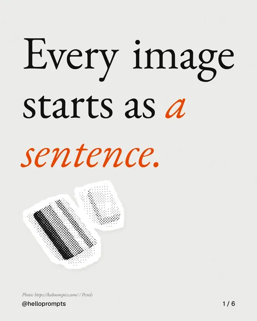 Carousel for HelloPrompts: "Every image starts as a sentence.". Cutout essay, 6 slides, light palette.