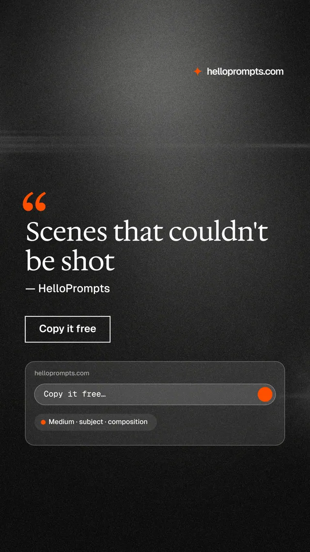 Instagram story for HelloPrompts: "Scenes that couldn't be shot". Dark deco style, quote layout, dark palette in black, grey.