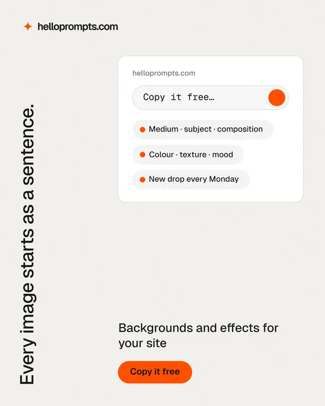 Instagram portrait post for HelloPrompts: "Every image starts as a sentence." Data card style, vertical layout, light palette in white, orange.