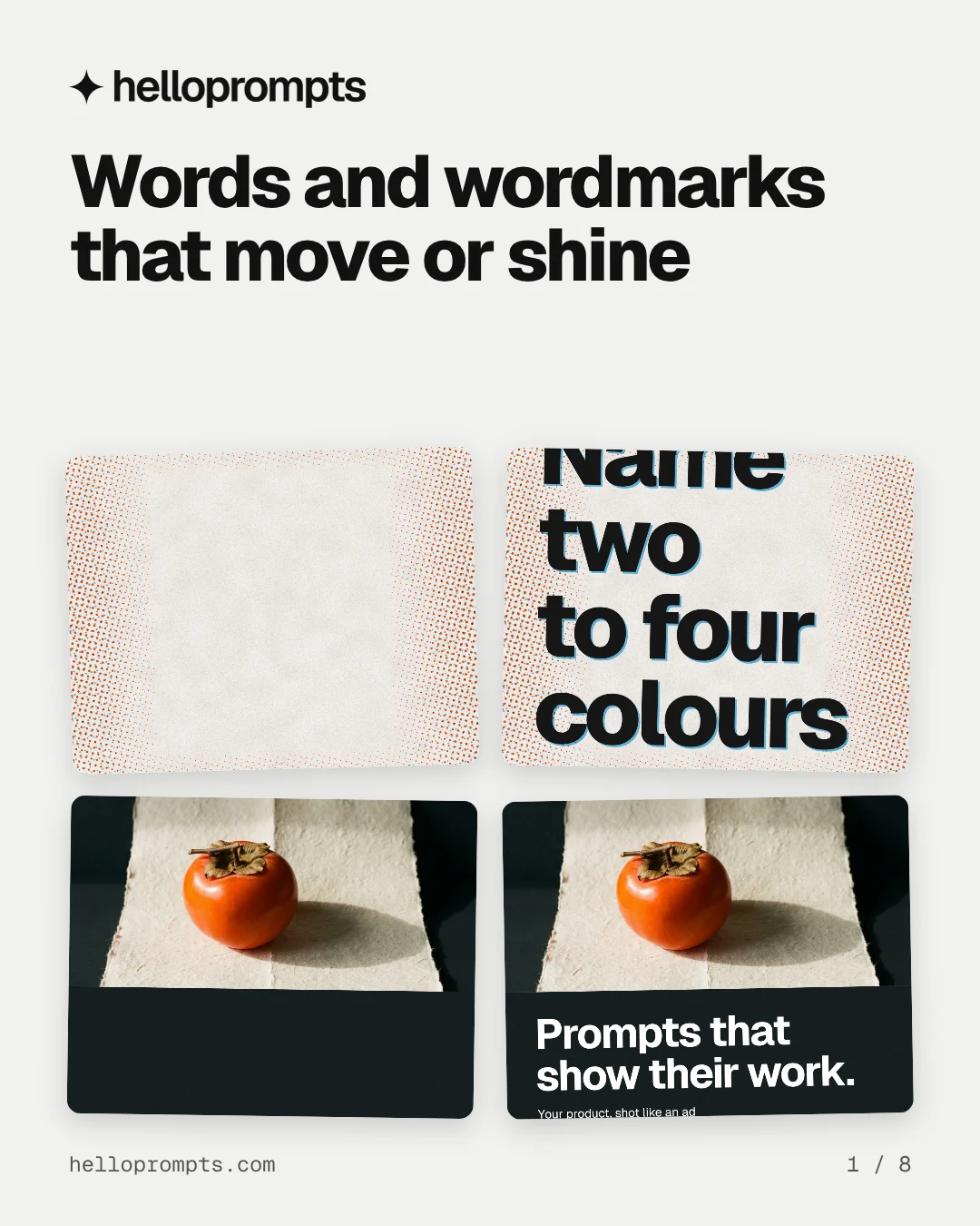 Carousel for HelloPrompts: "Words and wordmarks that move or shine". Collection carousel, 8 slides, light palette.