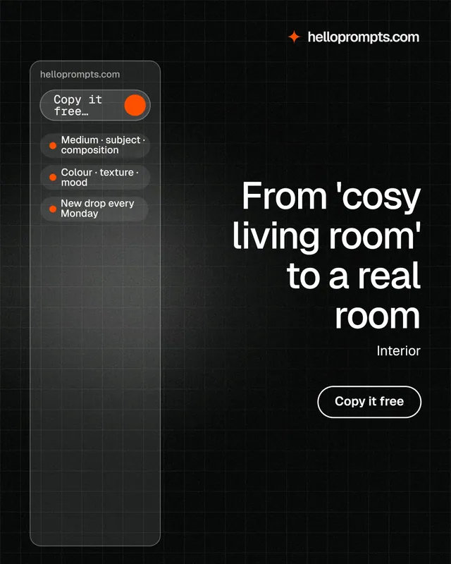 Instagram portrait post for HelloPrompts: "From 'cosy living room' to a real room". Phosphor atlas style, right layout, dark palette in black, grey.