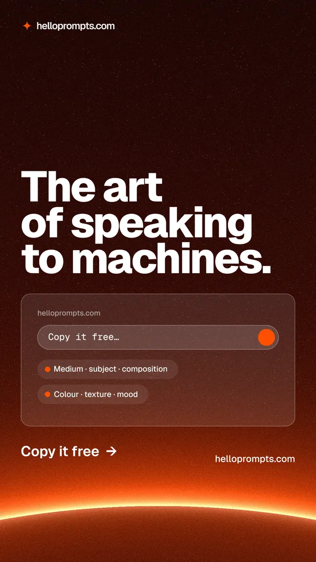 Instagram story for HelloPrompts: "The art of speaking to machines." Turn card style, poster layout, dark palette in red, black, orange.