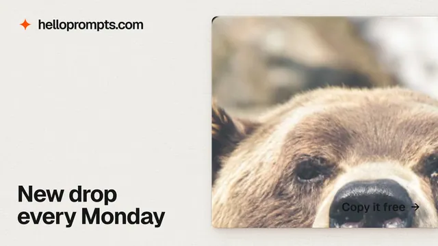 Landscape graphic for HelloPrompts: "New drop every Monday". Swiss style, image led layout, light palette in white, grey, orange.