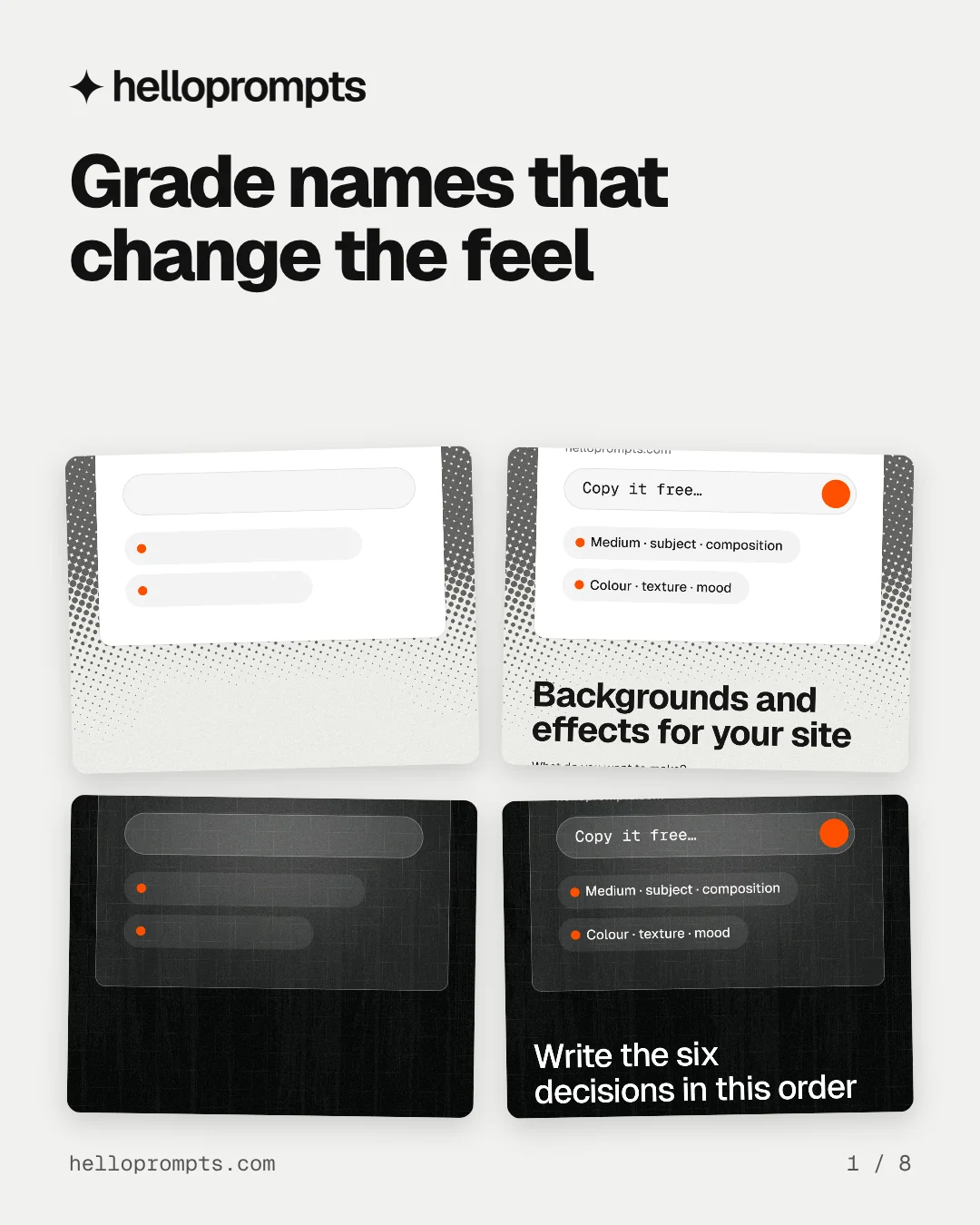 Carousel for HelloPrompts: "Grade names that change the feel". Collection carousel, 8 slides, light palette.