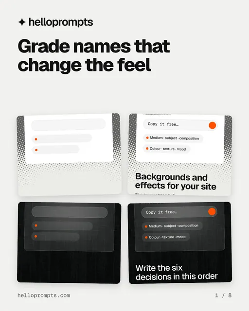 Carousel for HelloPrompts: "Grade names that change the feel". Collection carousel, 8 slides, light palette.