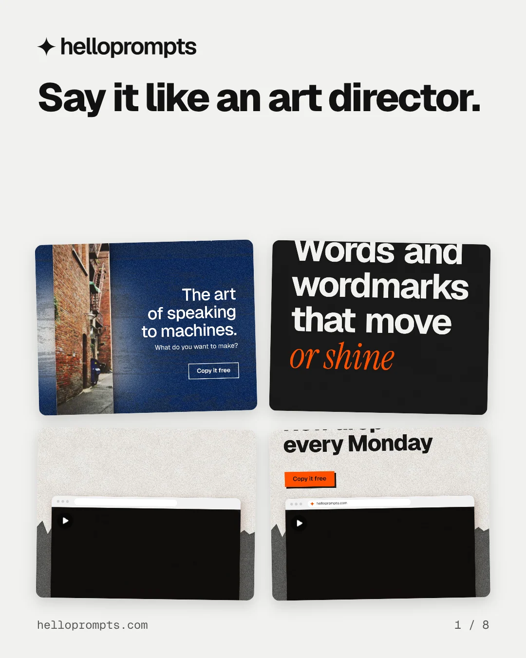 Carousel for HelloPrompts: "Say it like an art director.". Collection carousel, 8 slides, light palette.