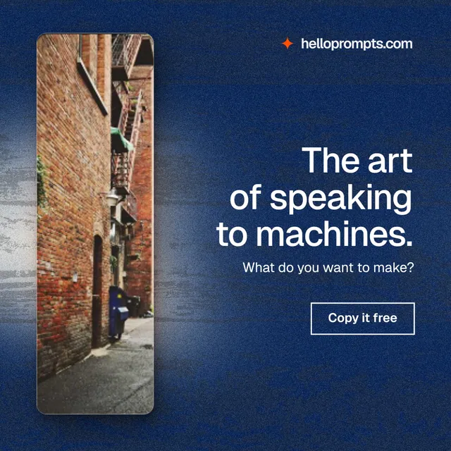 Instagram post for HelloPrompts: "The art of speaking to machines." Cyanotype style, right layout, dark palette in grey, blue.