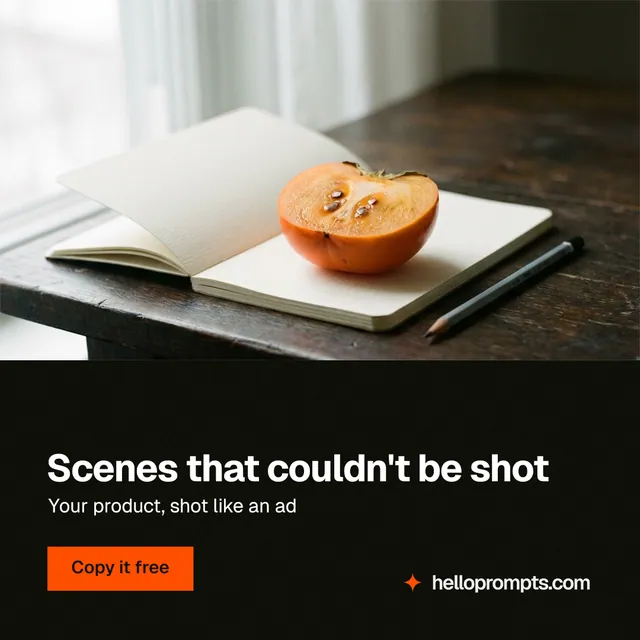 Instagram post for HelloPrompts: "Scenes that couldn't be shot". Swiss style, bottom layout, dark palette in white, black, orange.