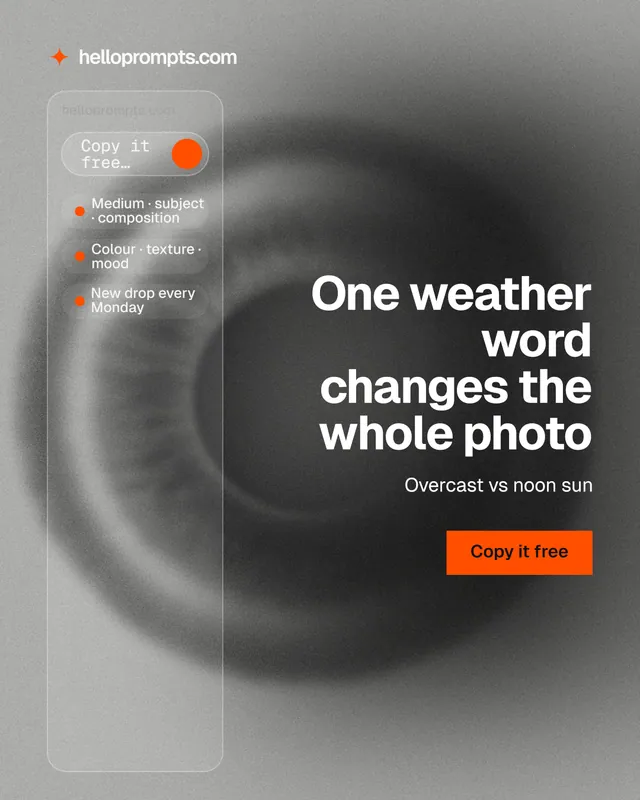 Instagram portrait post for HelloPrompts: "One weather word changes the whole photo". Swiss style, right layout, light palette in black, grey.