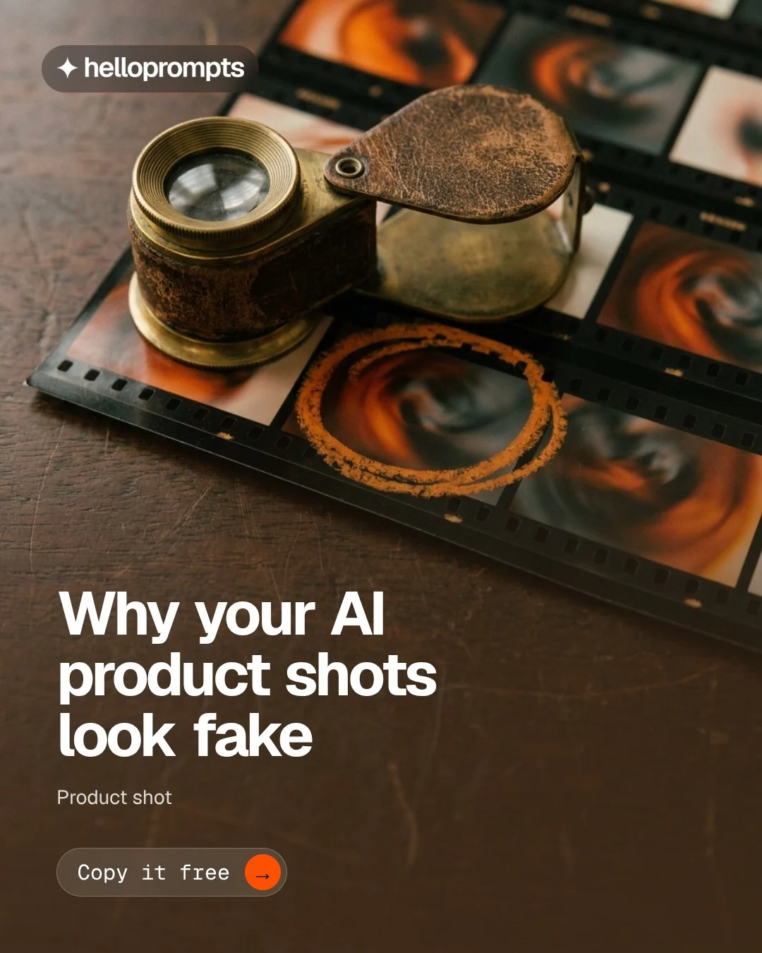 Video for HelloPrompts: "Why your AI product shots look fake". Doc motion loop, 8.0 s, dark palette.
