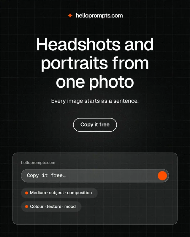 Instagram portrait post for HelloPrompts: "Headshots and portraits from one photo". Phosphor atlas style, centred layout, dark palette in black, grey.