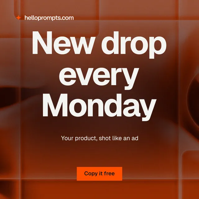 Instagram post for HelloPrompts: "New drop every Monday". Swiss style, centred layout, dark palette in red, orange, grey.