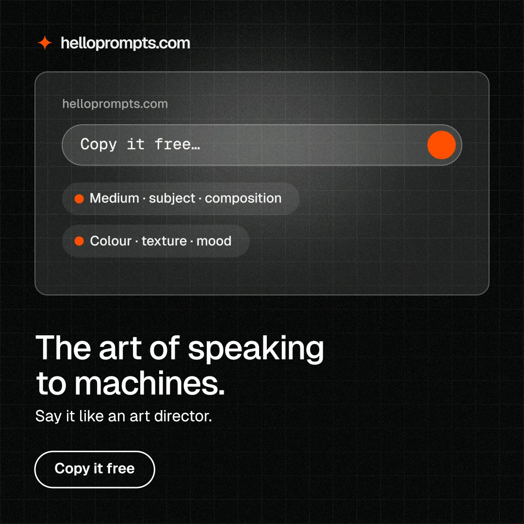 Instagram post for HelloPrompts: "The art of speaking to machines." Phosphor atlas style, bottom layout, dark palette in black, grey.