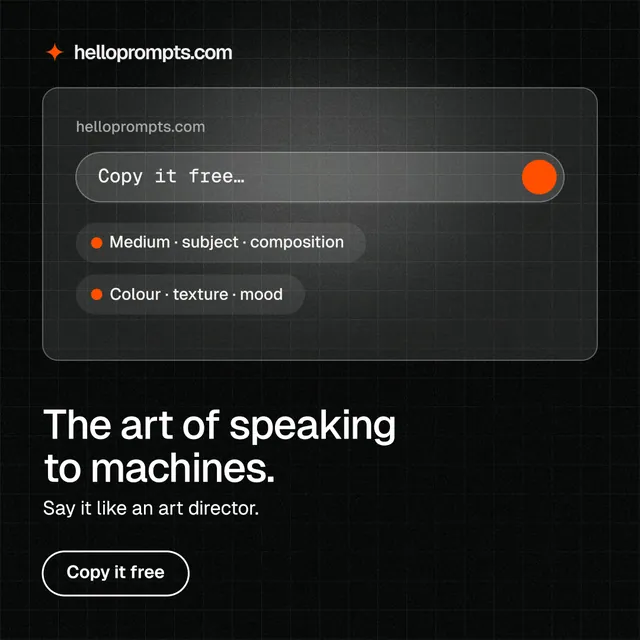 Instagram post for HelloPrompts: "The art of speaking to machines." Phosphor atlas style, bottom layout, dark palette in black, grey.