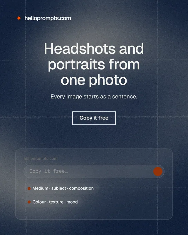 Instagram portrait post for HelloPrompts: "Headshots and portraits from one photo". Cyanotype style, centred layout, dark palette in blue, grey.