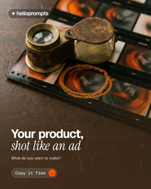 Video for HelloPrompts: "Your product, shot like an ad". Doc motion loop, 7.0 s, dark palette.