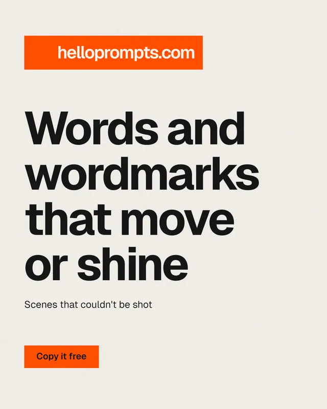 Instagram portrait post for HelloPrompts: "Words and wordmarks that move or shine". Swiss style, announce layout, light palette in white, orange, yellow.