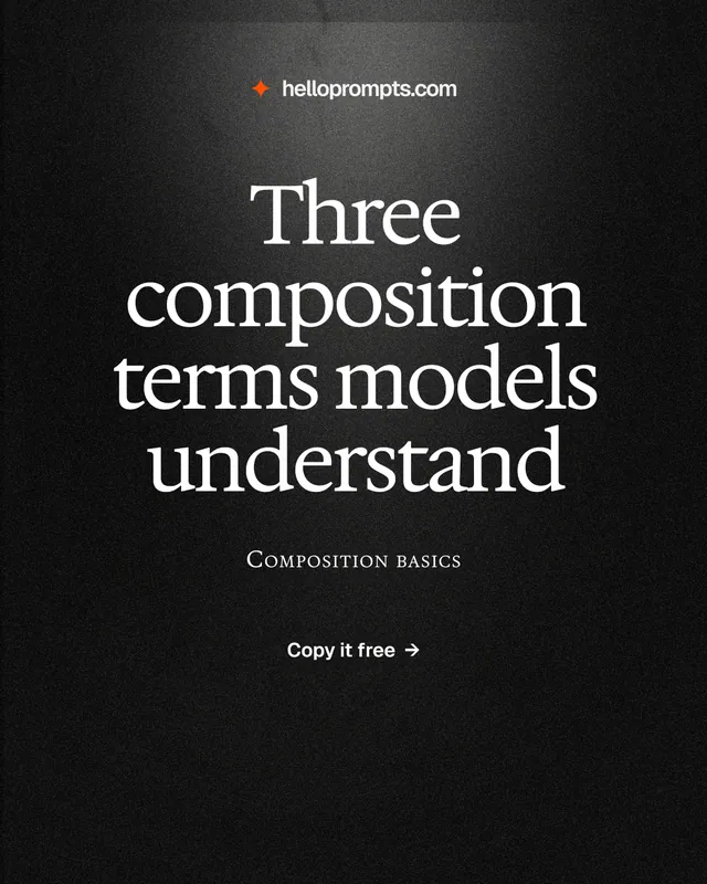 Instagram portrait post for HelloPrompts: "Three composition terms models understand". Dark deco style, smallcaps layout, dark palette in black, grey.