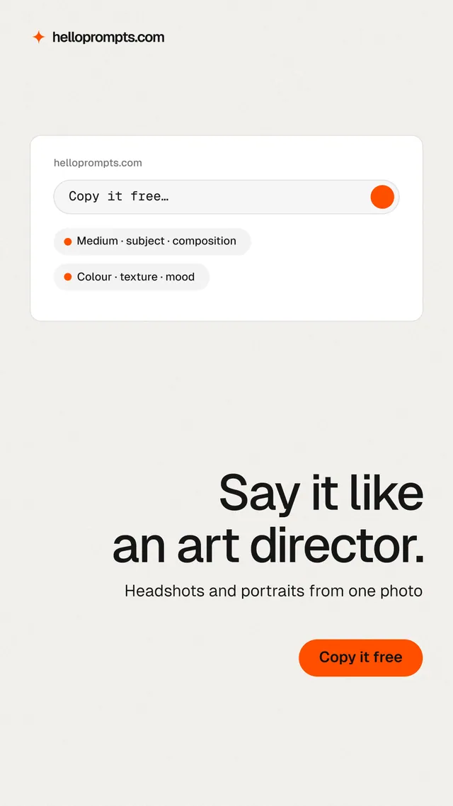 Instagram story for HelloPrompts: "Say it like an art director." Data card style, right layout, light palette in white, orange.
