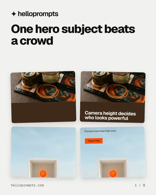 Carousel for HelloPrompts: "One hero subject beats a crowd". Collection carousel, 8 slides, light palette.