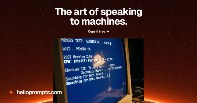 Social ad for HelloPrompts: "The art of speaking to machines." Swiss style, ogui layout, dark palette in black, blue, red.