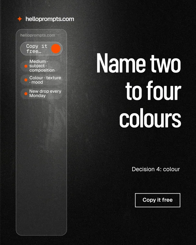 Instagram portrait post for HelloPrompts: "Name two to four colours". Dark deco style, right layout, dark palette in black, grey.