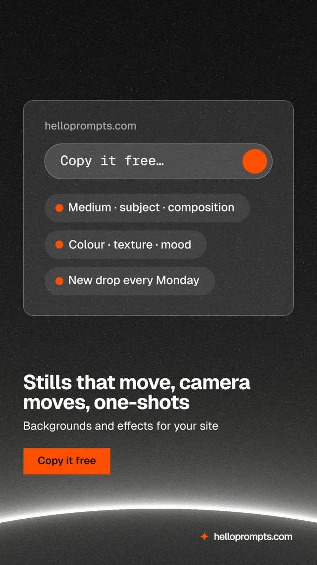 Instagram story for HelloPrompts: "Stills that move, camera moves, one-shots". Swiss style, bottom layout, dark palette in black, grey.