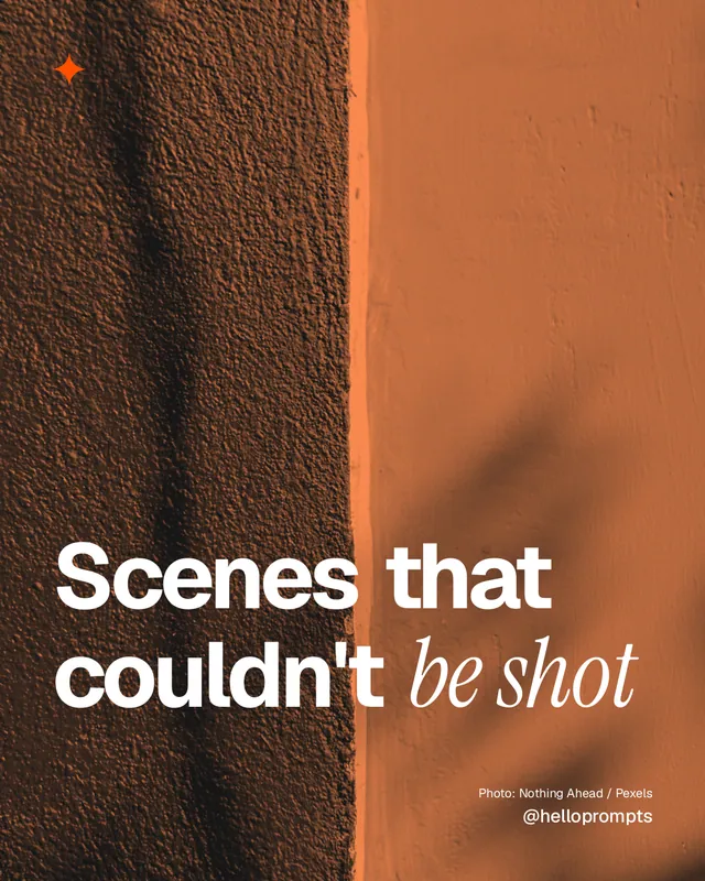 Instagram portrait post for HelloPrompts: "Scenes that couldn't be shot". Duotone style, technique:pexels ingredient layout, dark palette in orange, brown.