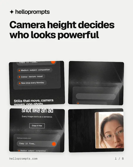 Carousel for HelloPrompts: "Camera height decides who looks powerful". Collection carousel, 8 slides, light palette.