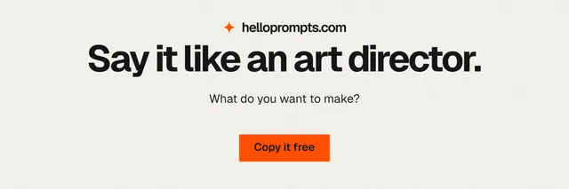 X header for HelloPrompts: "Say it like an art director." Swiss style, centred layout, light palette in white, grey.