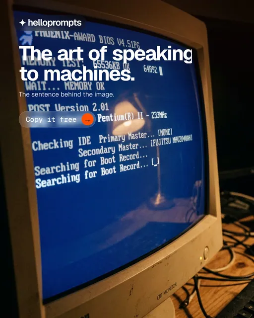 Video for HelloPrompts: "The art of speaking to machines.". Doc motion loop, 8.0 s, dark palette.