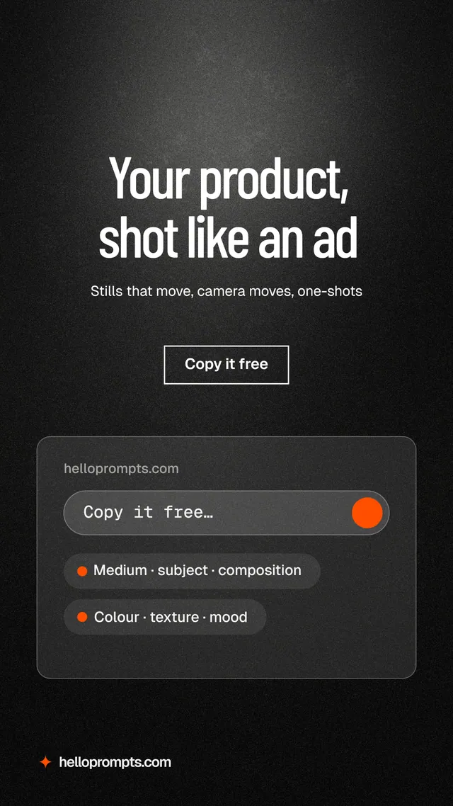 Instagram story for HelloPrompts: "Your product, shot like an ad". Dark deco style, centred layout, dark palette in black, grey.