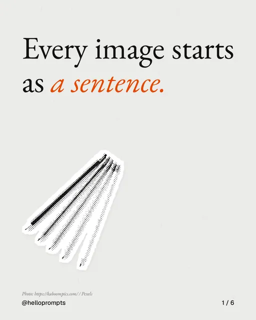 Carousel for HelloPrompts: "Every image starts as a sentence.". Cutout essay, 6 slides, light palette.