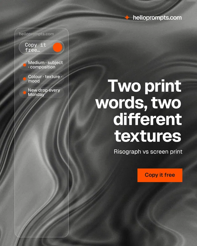 Instagram portrait post for HelloPrompts: "Two print words, two different textures". Swiss style, right layout, dark palette in grey, black.