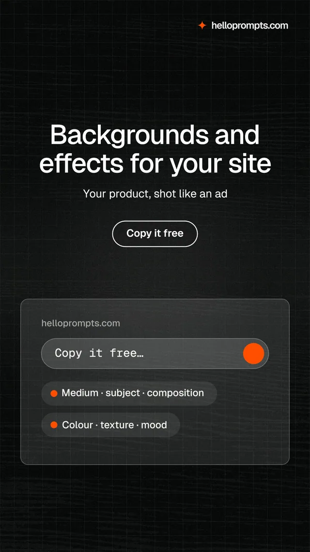 Instagram story for HelloPrompts: "Backgrounds and effects for your site". Phosphor atlas style, centred layout, dark palette in black, grey.