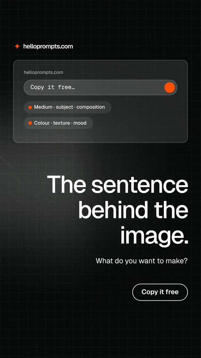 Instagram story for HelloPrompts: "The sentence behind the image." Phosphor atlas style, right layout, dark palette in black, grey.