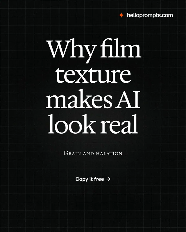 Instagram portrait post for HelloPrompts: "Why film texture makes AI look real". Phosphor atlas style, smallcaps layout, dark palette in black, grey.