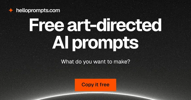 Social ad for HelloPrompts: "Free art-directed AI prompts". Swiss style, centred layout, dark palette in black, grey.