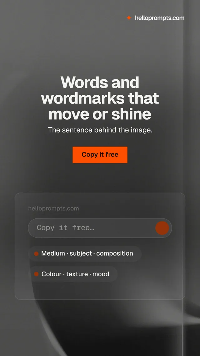 Instagram story for HelloPrompts: "Words and wordmarks that move or shine". Swiss style, centred layout, dark palette in grey, black.