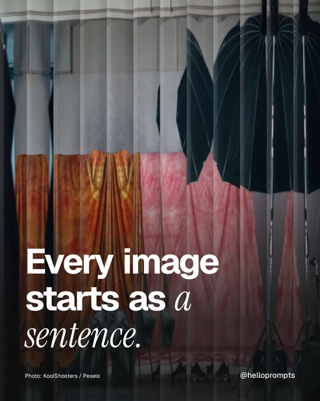 Instagram portrait post for HelloPrompts: "Every image starts as a sentence." Photo style, technique:fluted glass layout, dark palette in black, grey.
