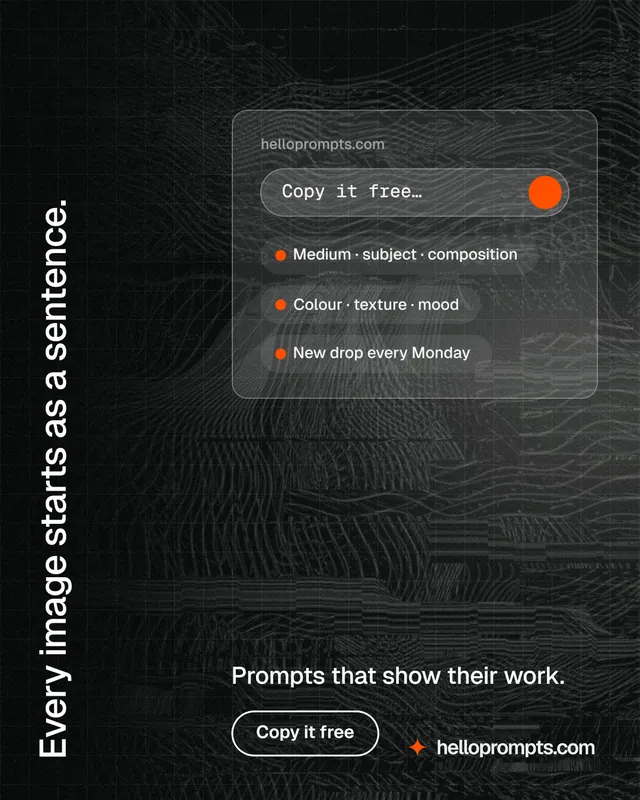 Instagram portrait post for HelloPrompts: "Every image starts as a sentence." Phosphor atlas style, vertical layout, dark palette in black, grey.