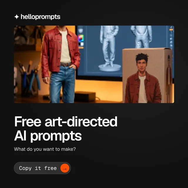 Video for HelloPrompts: "Free art-directed AI prompts". Doc motion loop, 6.0 s, dark palette.