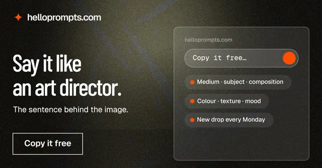 Social ad for HelloPrompts: "Say it like an art director." Dark deco style, bottom layout, dark palette in black, grey.