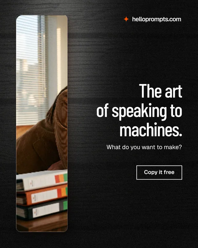 Instagram portrait post for HelloPrompts: "The art of speaking to machines." Dark deco style, right layout, dark palette in black, grey.