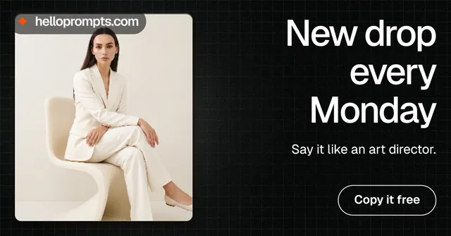 Social ad for HelloPrompts: "New drop every Monday". Phosphor atlas style, right layout, dark palette in orange, black, grey.